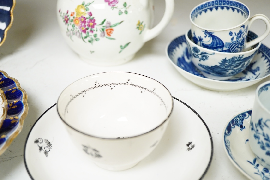 18th century tableware to include Chamberlains Worcester dish and blue and white Worcester teacups, largest 14cm high